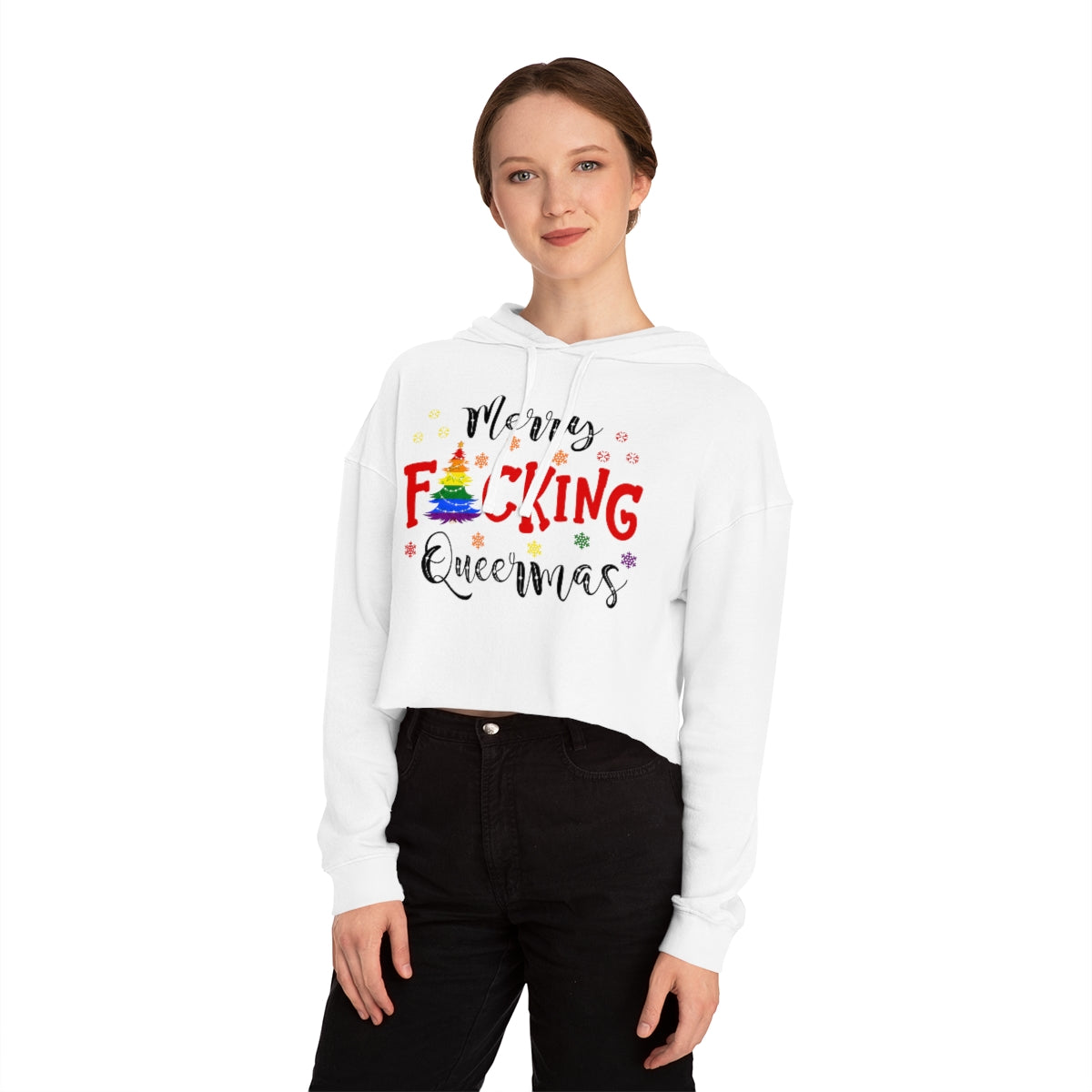 Christmas LGBTQ Women’s Cropped Hooded Sweatshirt - Merry F*cking Queermas Printify