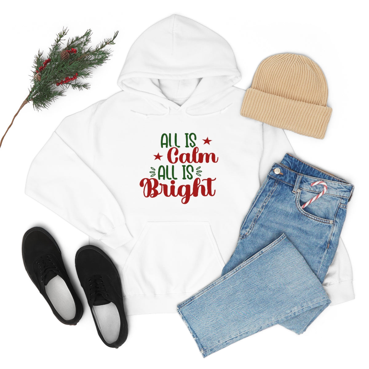 Merry Christmas Hoodie Unisex Custom Hoodie , Hooded Sweatshirt , All Is Calm All Is Bright Printify