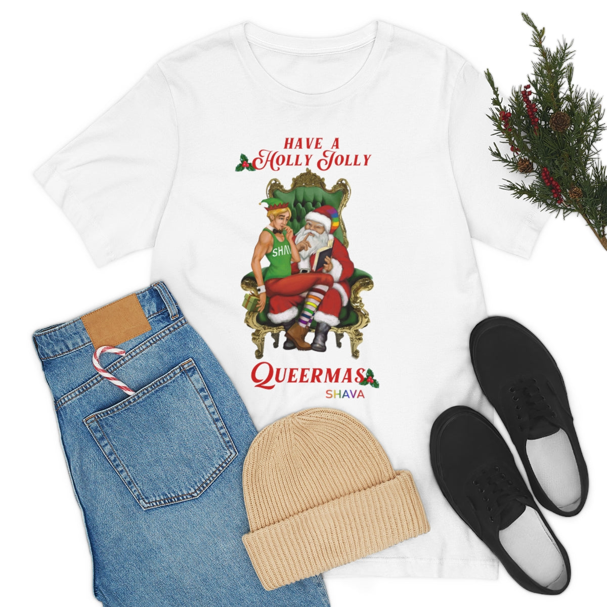 Classic Unisex Christmas LGBTQ Holigays T-Shirt - HollyJolly (White) Printify