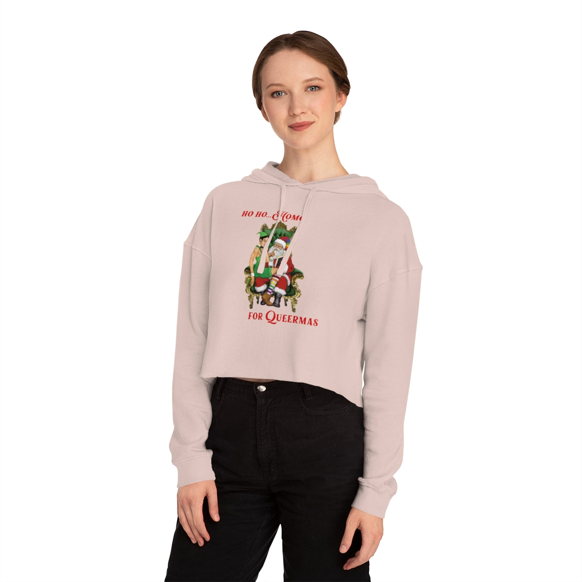 Christmas LGBTQ Women’s Cropped Hooded Sweatshirt - Hoho (White) Printify