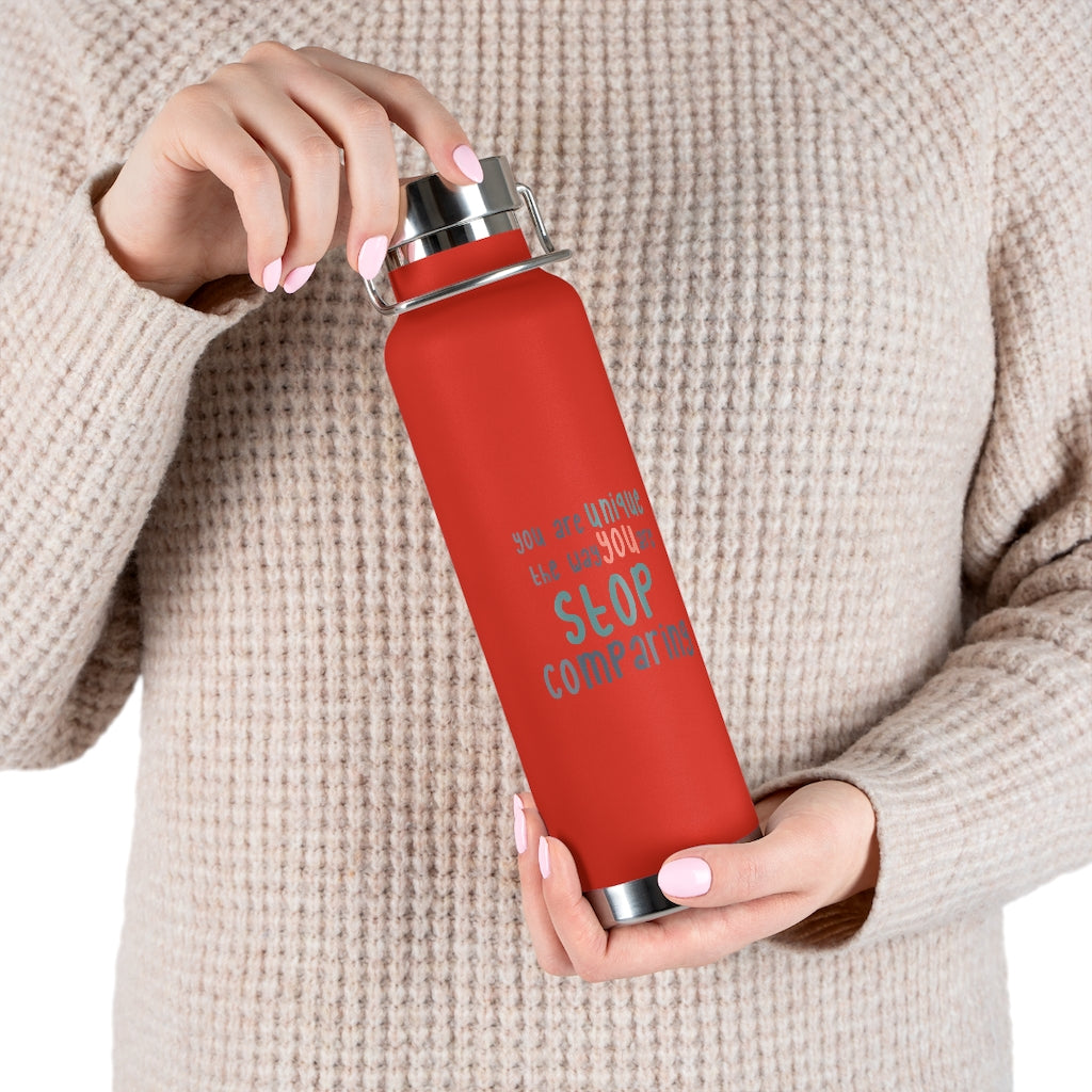 Affirmation Feminist pro choice Copper Vacuum insulated bottle 22oz -   You are Unique (green with coral) Printify