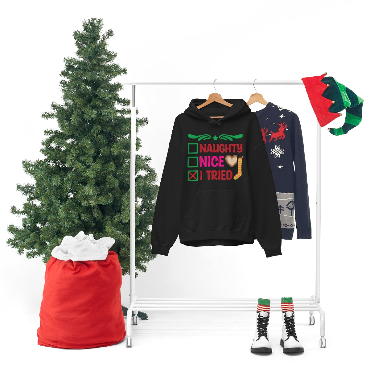 Merry Christmas Hoodie Unisex Custom Hoodie , Hooded Sweatshirt , Naughty Nice I Tried Printify