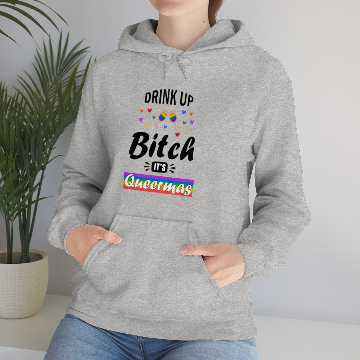 Unisex Christmas LGBTQ Heavy Blend Hoodie - Drink Up Bitch It’s Queermas Printify