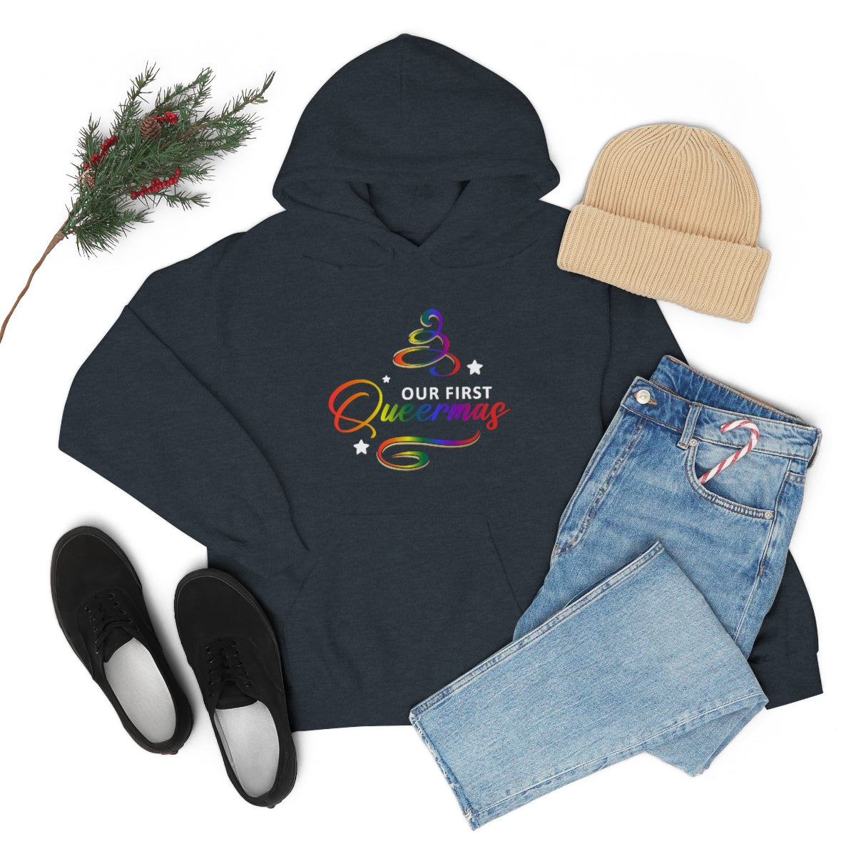 Unisex Christmas LGBTQ Heavy Blend Hoodie - Our First Queermas Printify