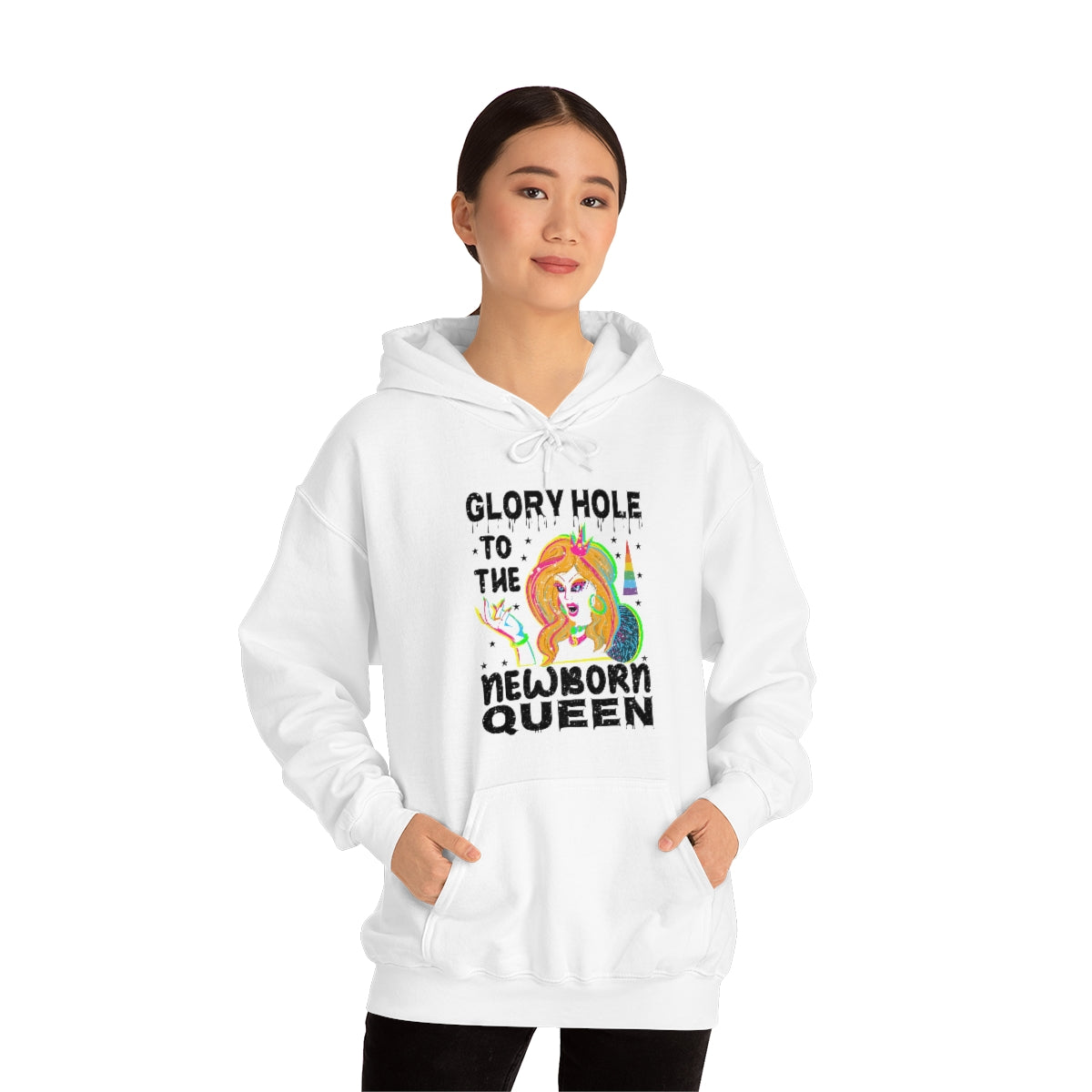 Unisex Christmas LGBTQ Heavy Blend Hoodie - Glory Hole To The Newborn Queen Printify