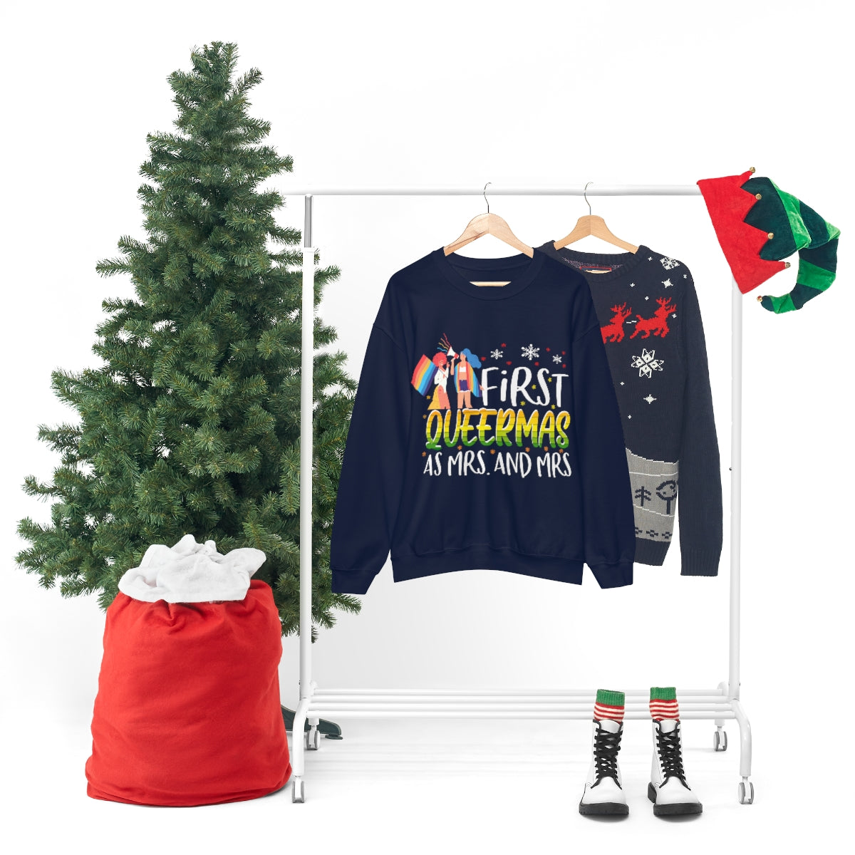Unisex Christmas LGBTQ Heavy Blend Crewneck Sweatshirt - First Queermas As Mrs. & Mrs. Printify