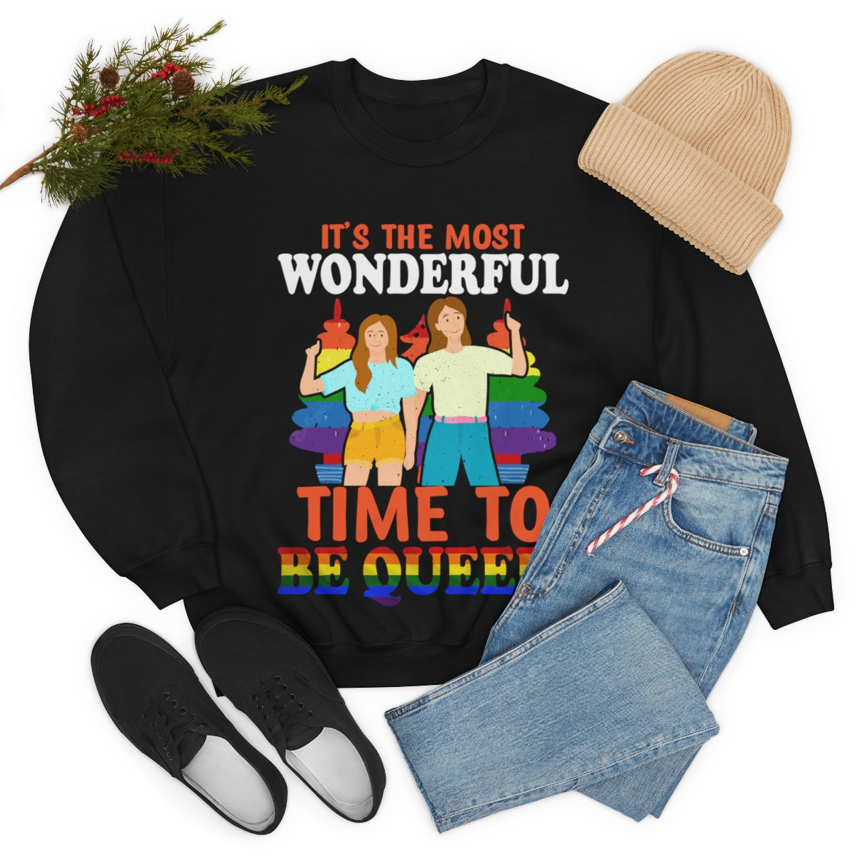 Unisex Christmas LGBTQ Heavy Blend Crewneck Sweatshirt - It’s The Most Wonderful Time To Be Queer Printify