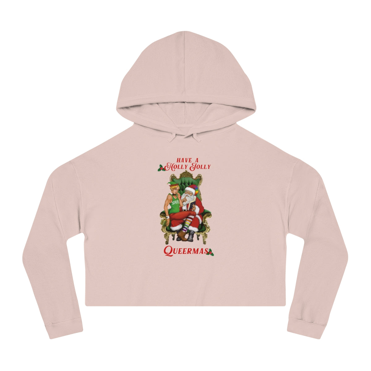Christmas LGBTQ Women’s Cropped Hooded Sweatshirt - Holly Jolly (White) Printify