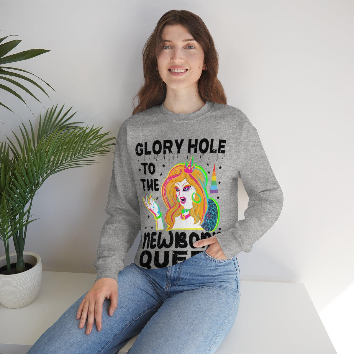 Unisex Christmas LGBTQ Heavy Blend Crewneck Sweatshirt - Glory Hole To The Newborn Queen Printify