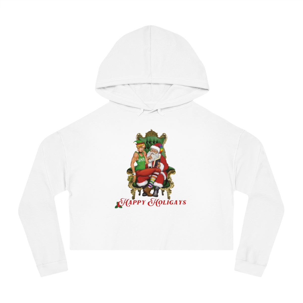 Christmas LGBTQ Women’s Cropped Hooded Sweatshirt - Happy Holigays (White) Printify