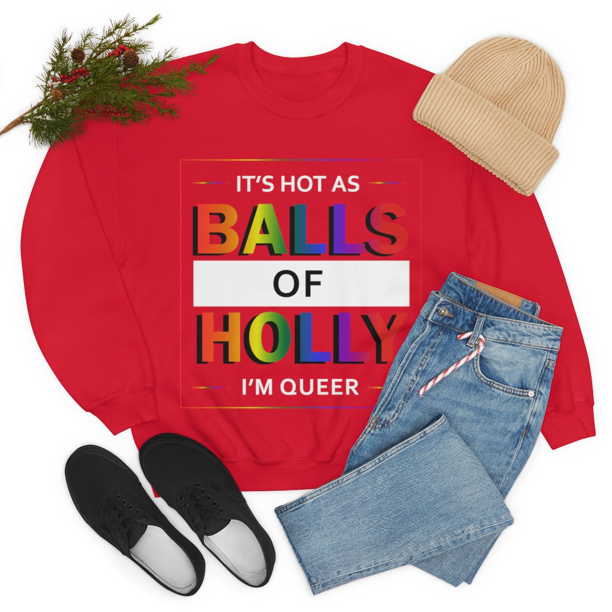 Unisex Christmas LGBTQ Heavy Blend Crewneck Sweatshirt - It’s Hot As Balls Of Holly I’M Queer Printify