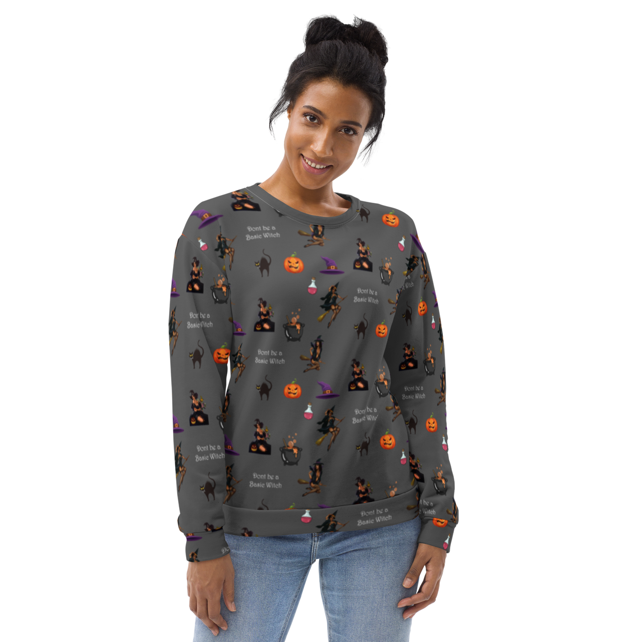 All over Unisex Halloween Sweater - Funny Halloween Sweatshirts - Unisex Halloween Sweatshirt For Halloween/Don't be a Basic Witch SHAVA