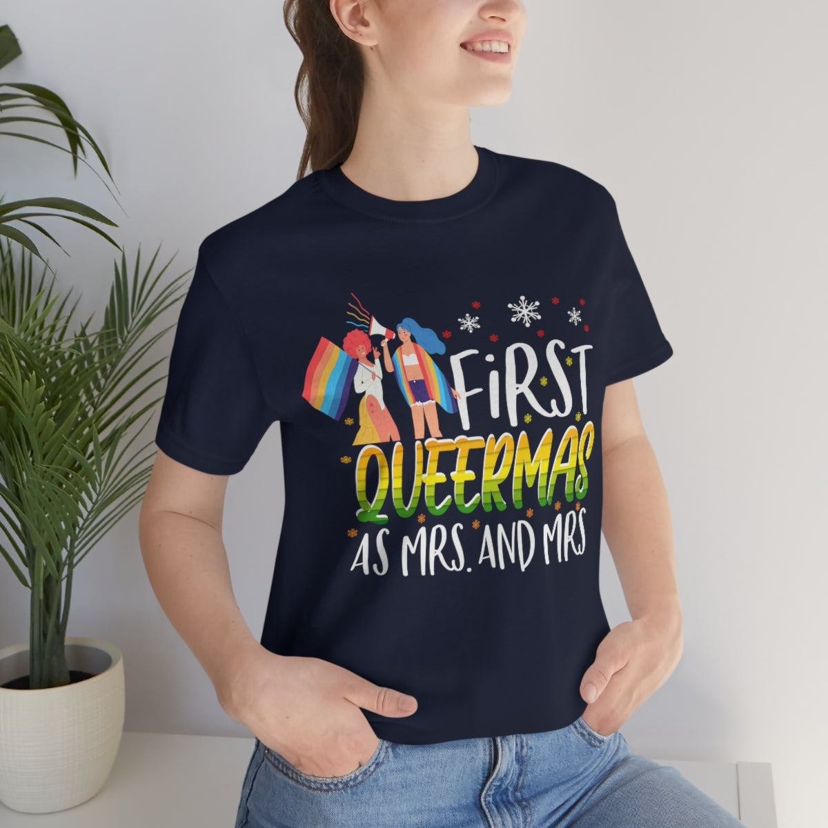Classic Unisex Christmas LGBTQ T-Shirt - First Queermas As Mrs. and Mrs. Printify