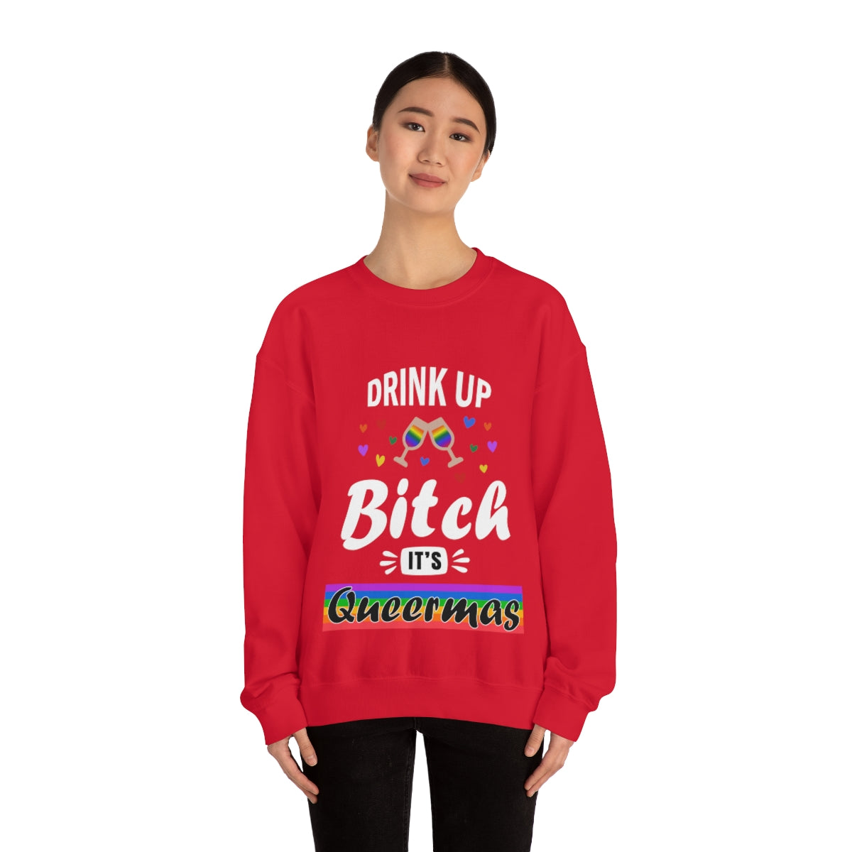 Unisex Christmas LGBTQ Heavy Blend Crewneck Sweatshirt - Drink Up Bitch It’s Queermas Printify