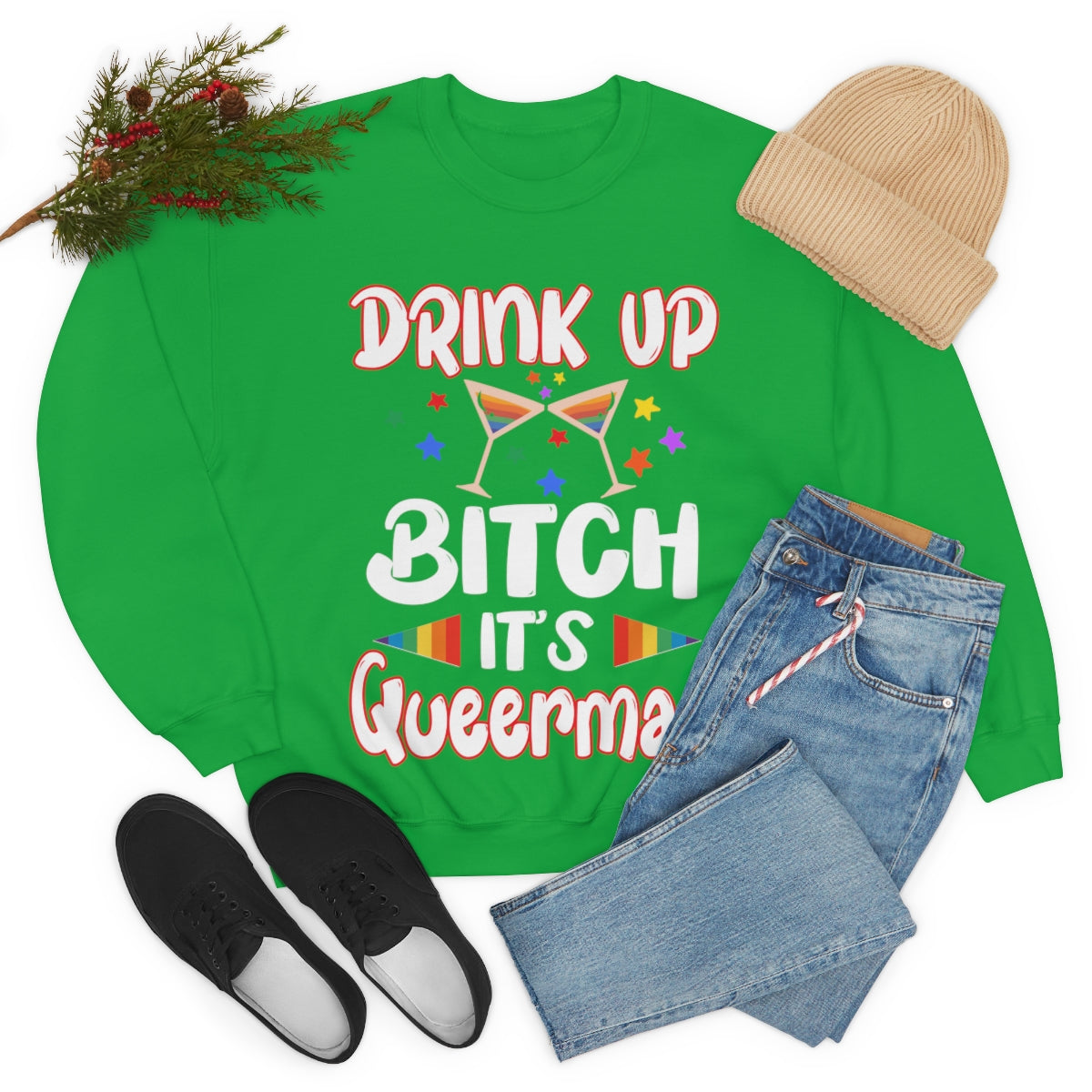 Unisex Christmas LGBTQ Heavy Blend Crewneck Sweatshirt - Drink Up Bitch It’s Queermas Printify
