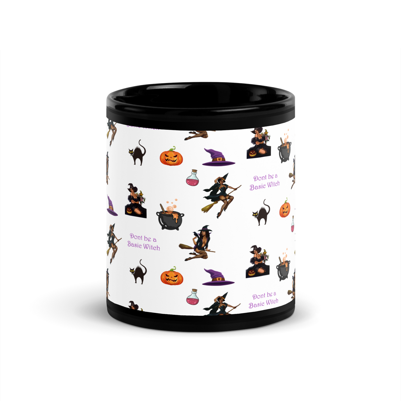 Halloween Black glossy mug, Halloween All Over Print Coffee Mug/Don't be a Basic Witch SHAVA