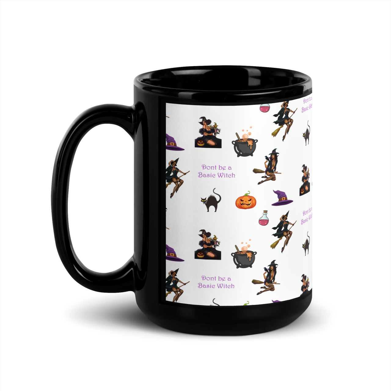 Halloween Black glossy mug, Halloween All Over Print Coffee Mug/Don't be a Basic Witch SHAVA