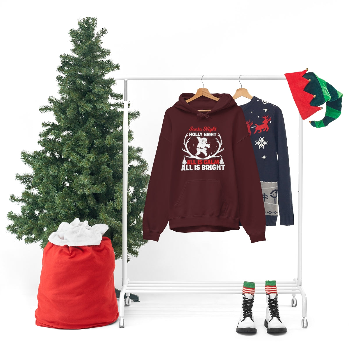Merry Christmas Hoodie Unisex Custom Hoodie , Hooded Sweatshirt , SANTA NIGHT HOLLY NIGHT ALL IS CALM ALL IS BRIGHT Printify