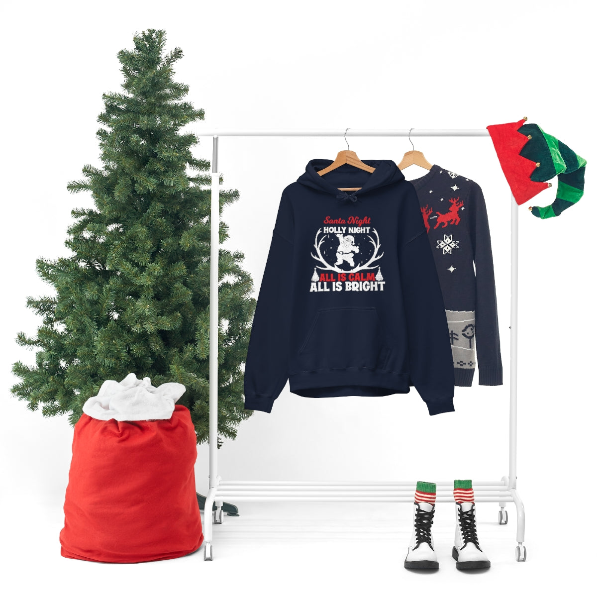 Merry Christmas Hoodie Unisex Custom Hoodie , Hooded Sweatshirt , SANTA NIGHT HOLLY NIGHT ALL IS CALM ALL IS BRIGHT Printify