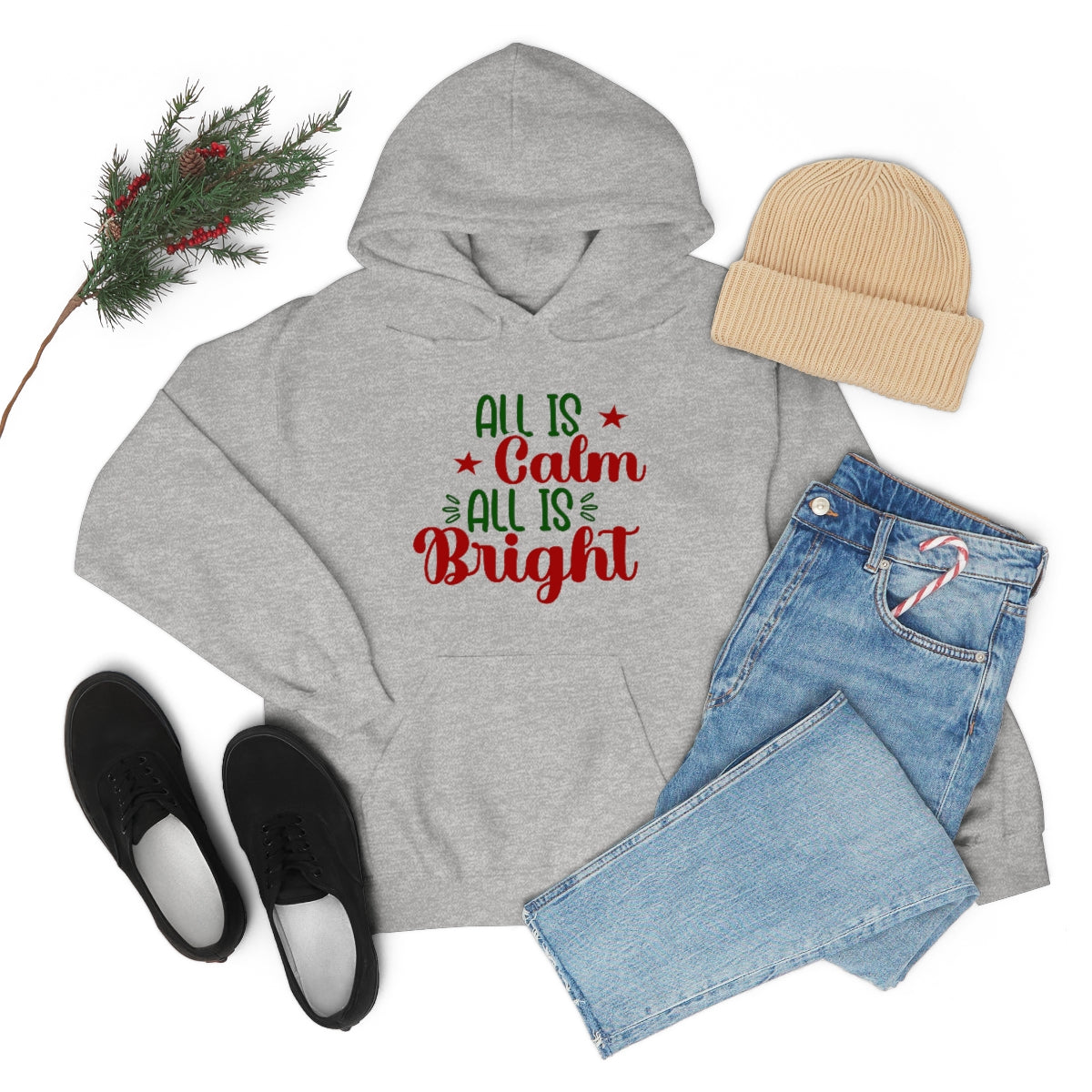 Merry Christmas Hoodie Unisex Custom Hoodie , Hooded Sweatshirt , All Is Calm All Is Bright Printify