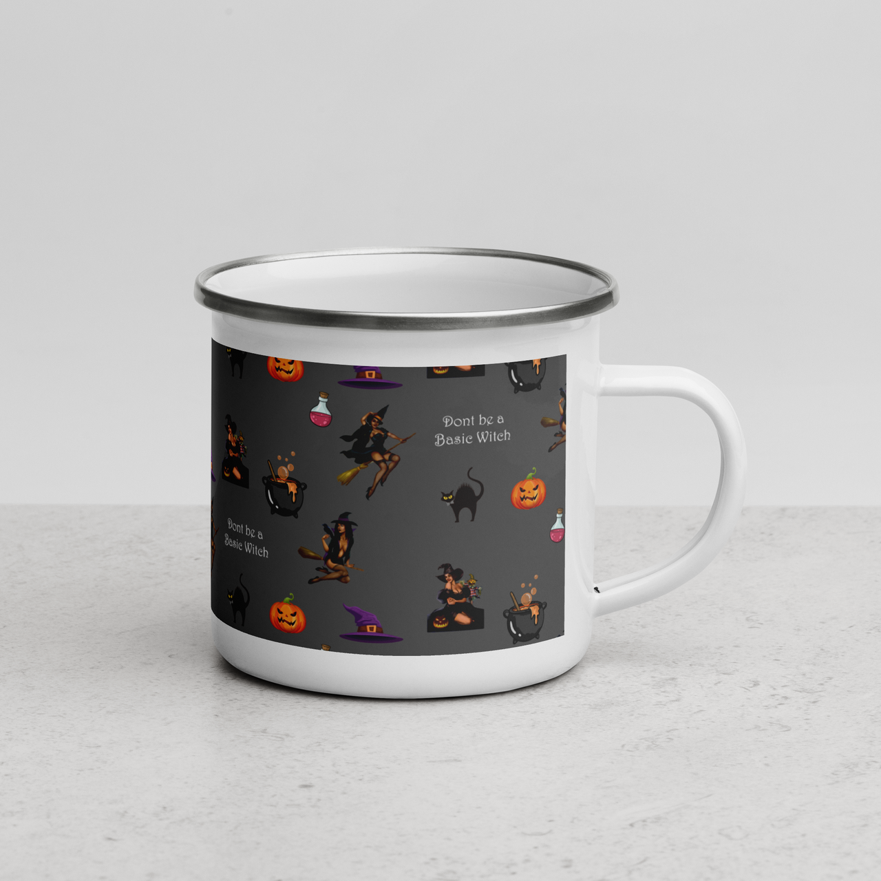 Halloween Enamel Mug, Halloween All Over Print Coffee Mug/Don't be a Basic Witch SHAVA