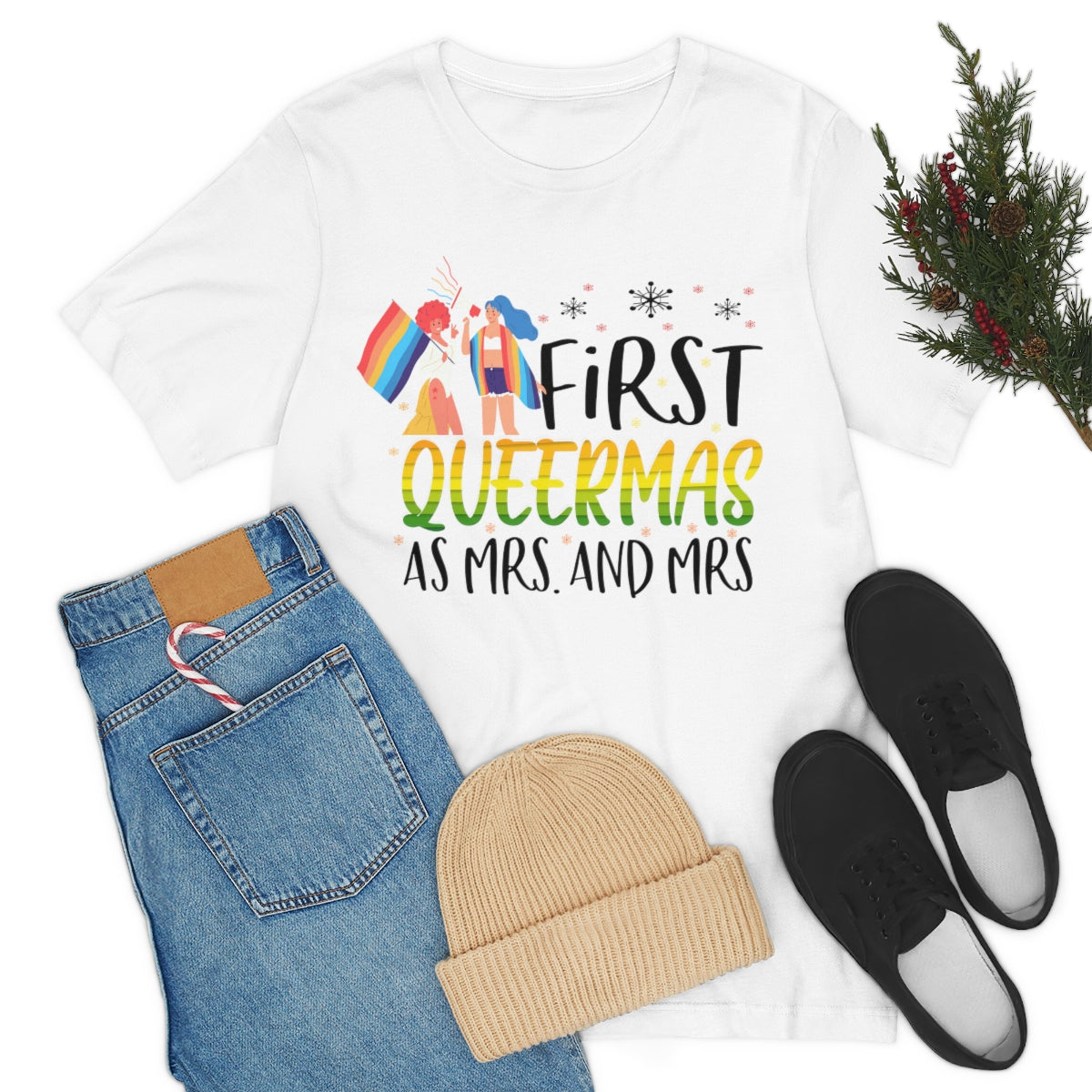 Classic Unisex Christmas LGBTQ T-Shirt - First Queermas As Mrs. and Mrs. Printify