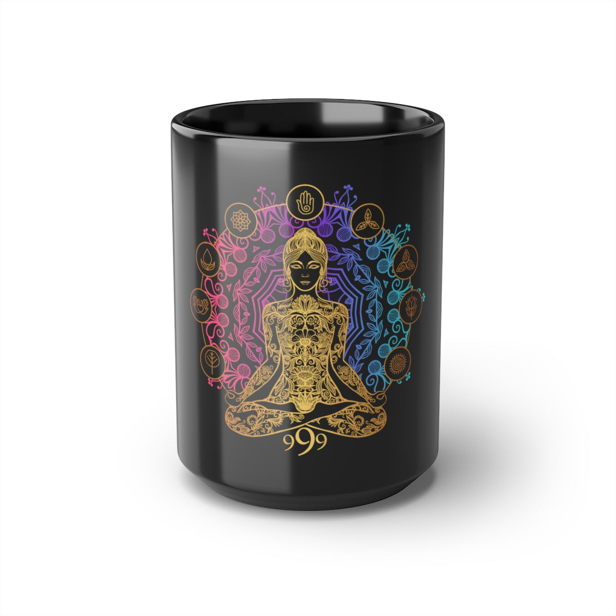 Yoga Spiritual Meditation Black Mug 15 oz - Release 999 Angel Number Printify