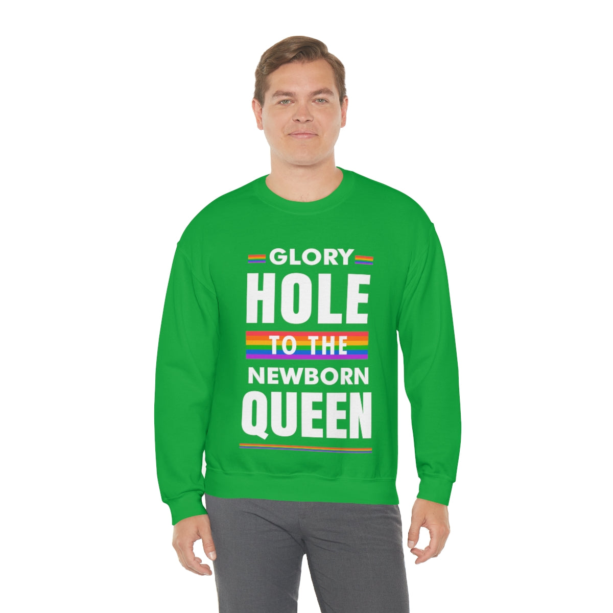Unisex Christmas LGBTQ Heavy Blend Crewneck Sweatshirt - Glory Hole To The Newborn Queen Printify